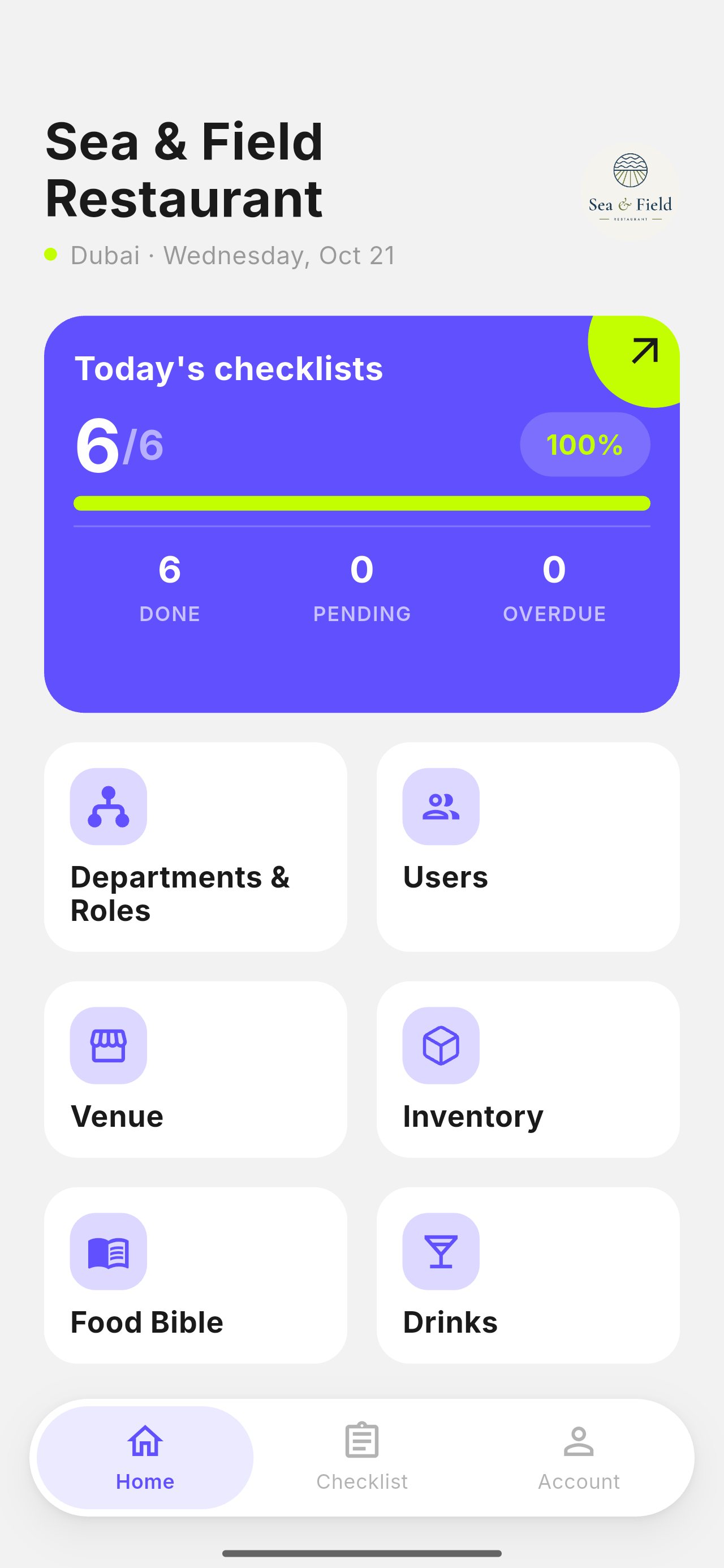 The Klip dashboard of a restaurant, with all of today's checklists completed