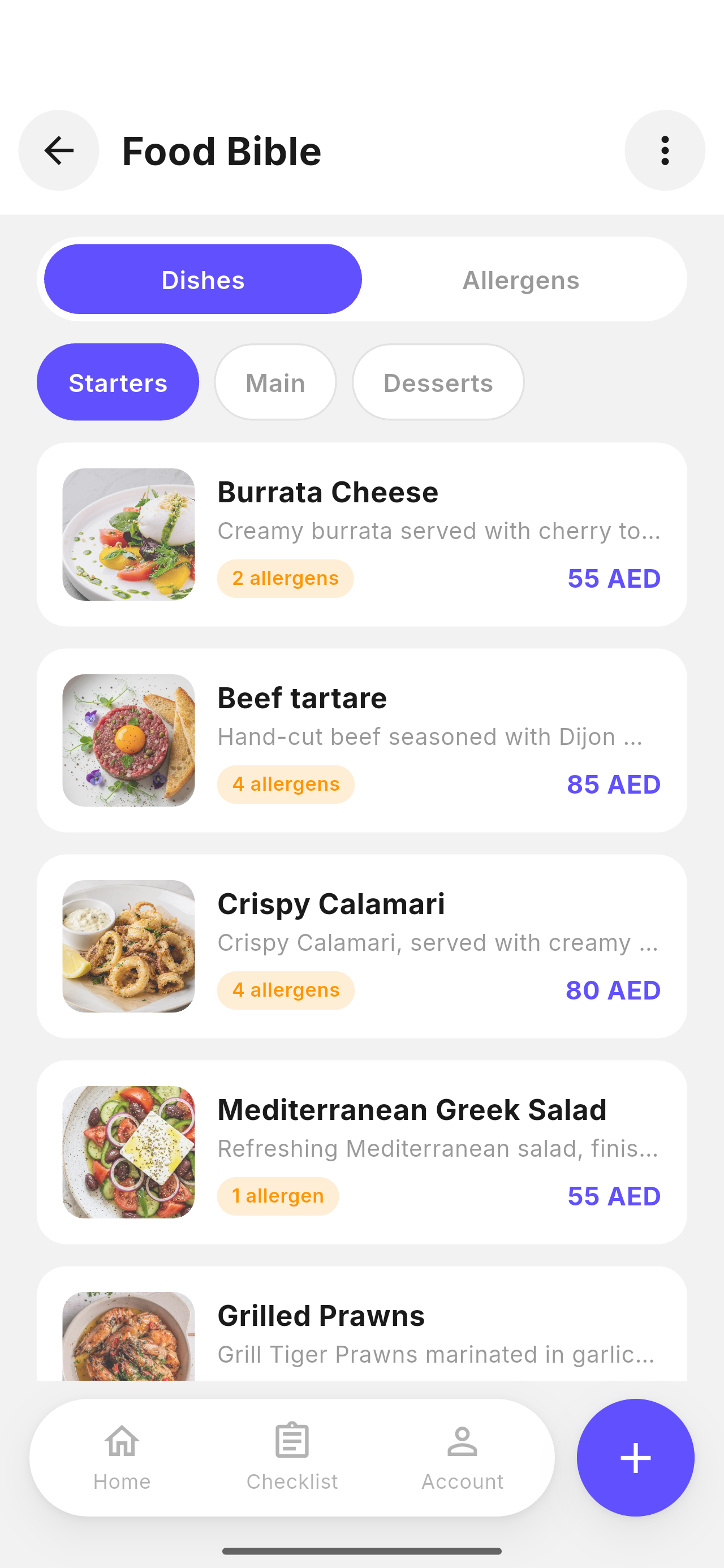 The starters of a menu in Klip, with photos, prices and allergens
