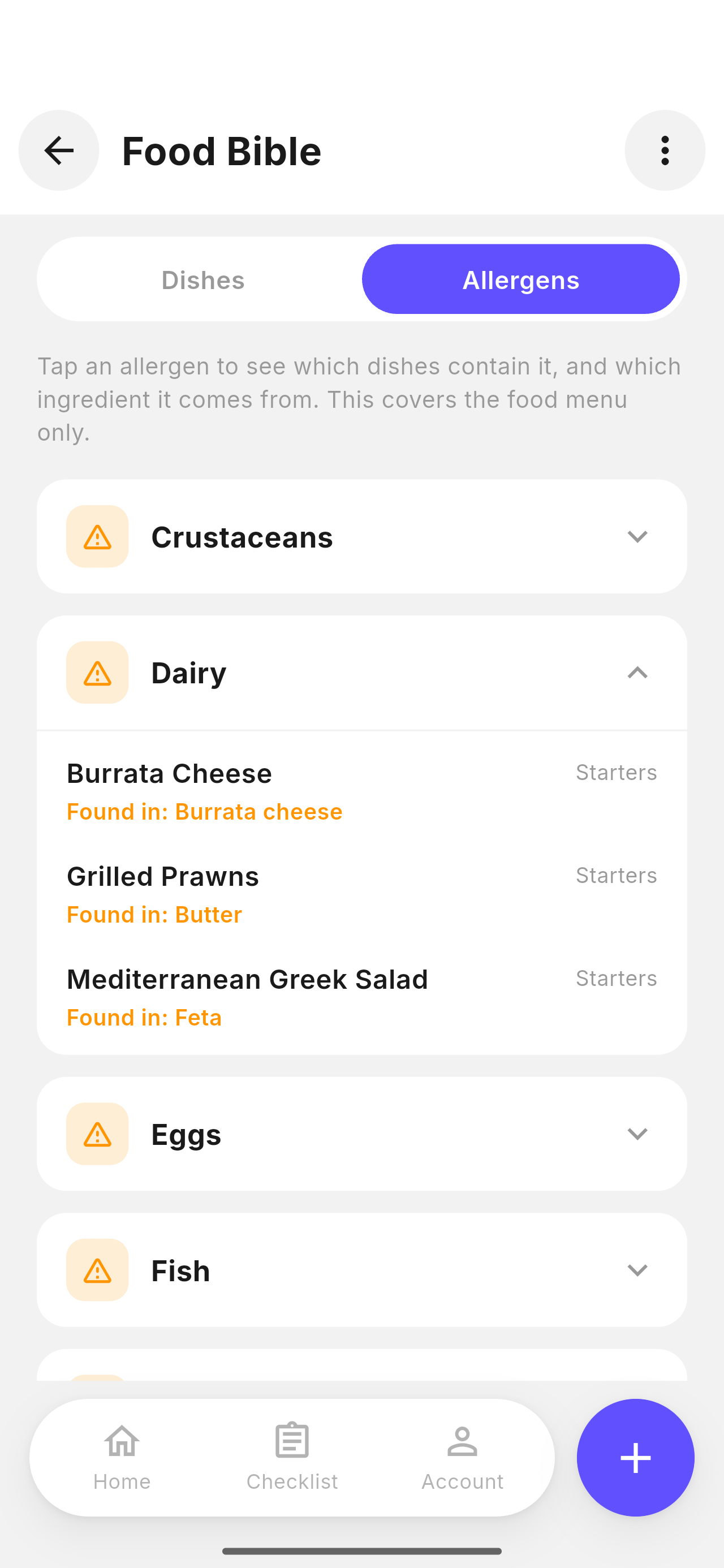 Dishes that contain dairy, and the ingredient it comes from, in Klip