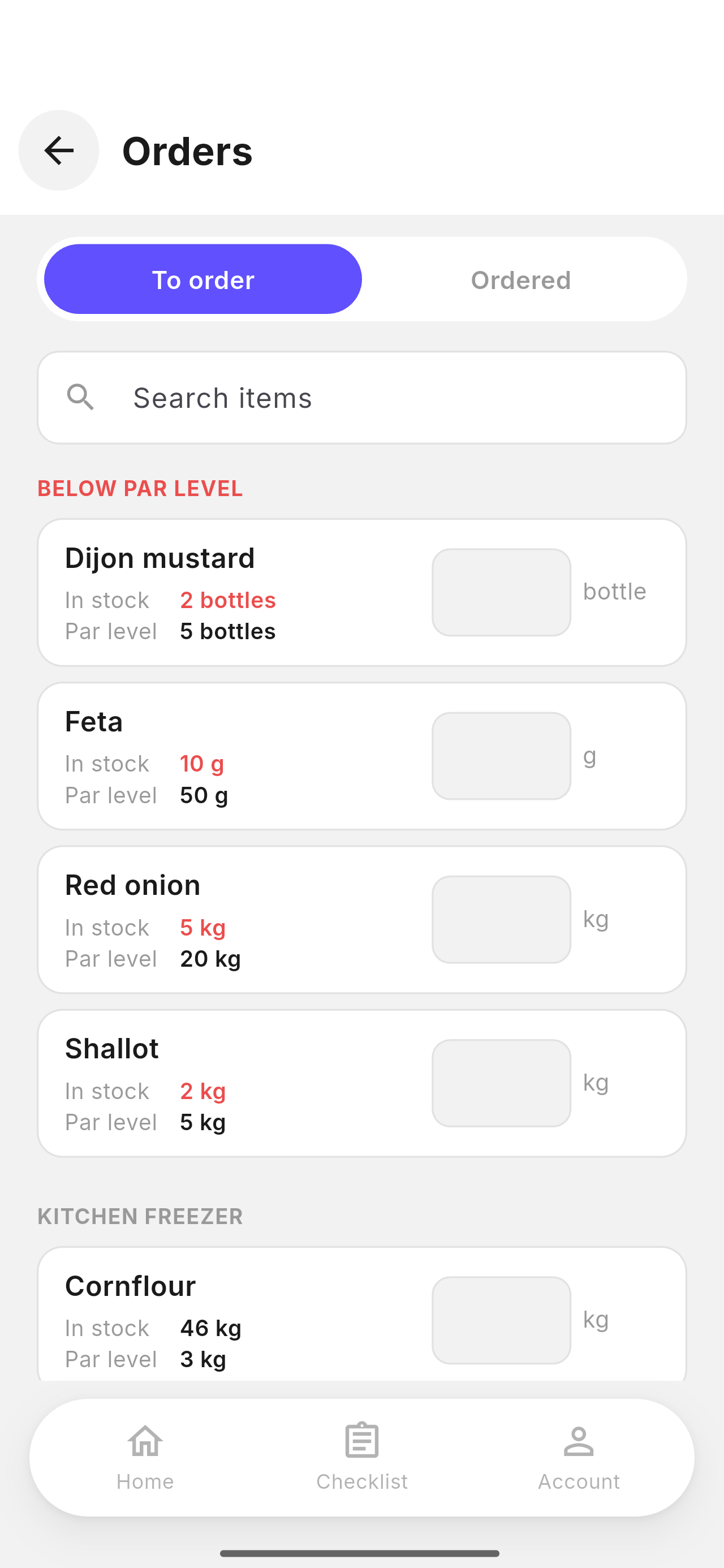 The items below their par level in Klip, with the stock of each one, ready to order