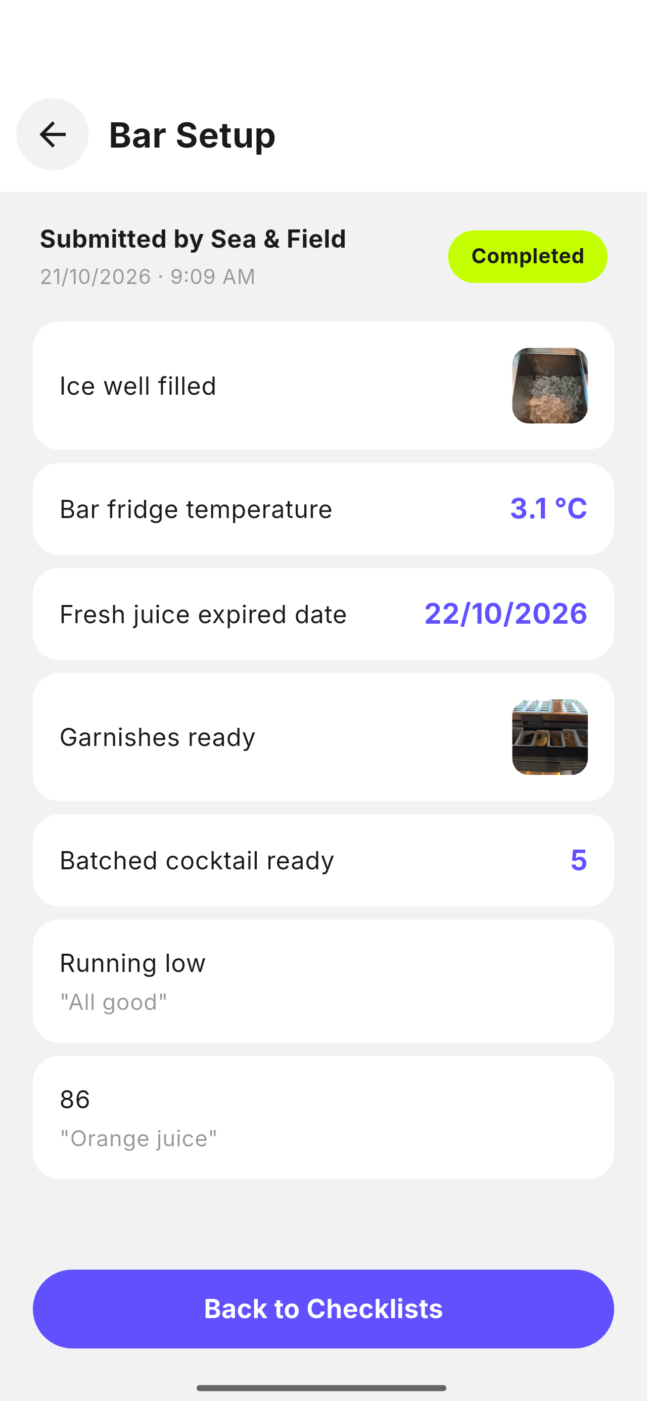 A submitted bar checklist in Klip, with photos, a fridge temperature, a date, a number and notes